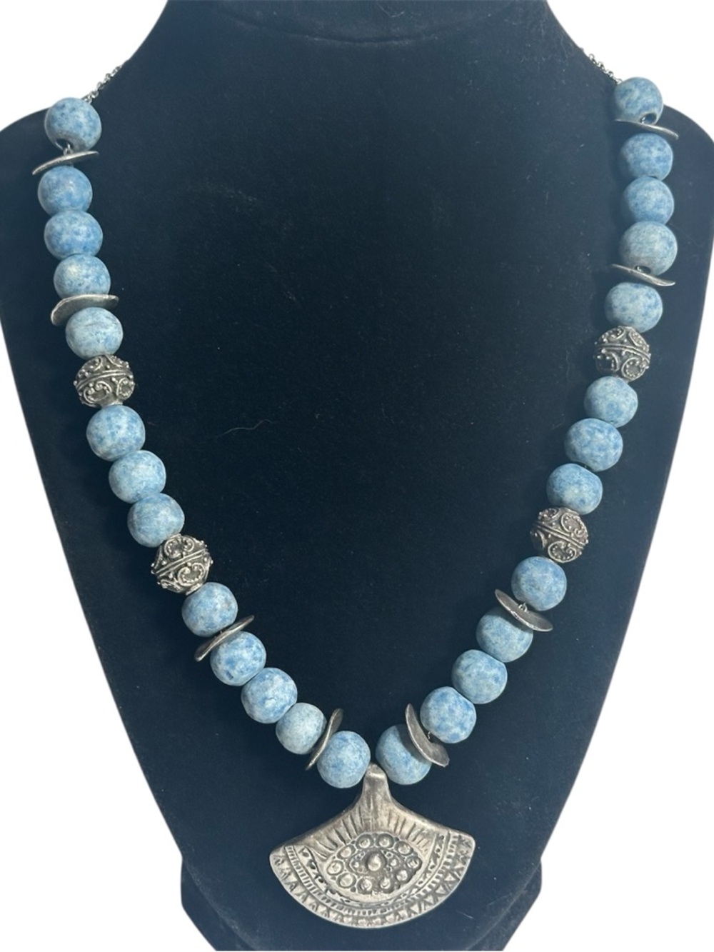 Walk the Talk Tribal Pendant Blue Stone Beads Statement Necklace Boho Ethnic